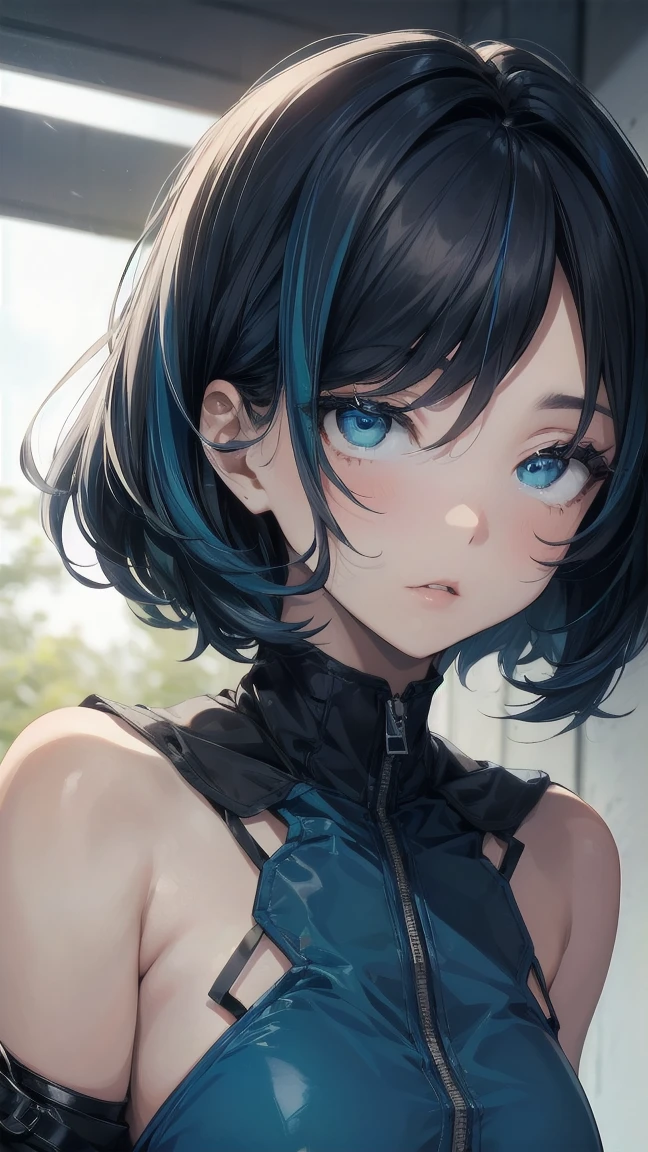 Close-up of a manga girl with blue hair and a yellow shirt, 2D Animation, 2D Animation style, 2D Art, 2D Art, 2D from Gorillaz, 2D from Gorillaz, 2D Gorillaz, Screaming Cerket, 2D Sprite, Jinx Face, short hair, Small breasts, hot pants, ((Black Hair, Inner bright blue hair:1.4))