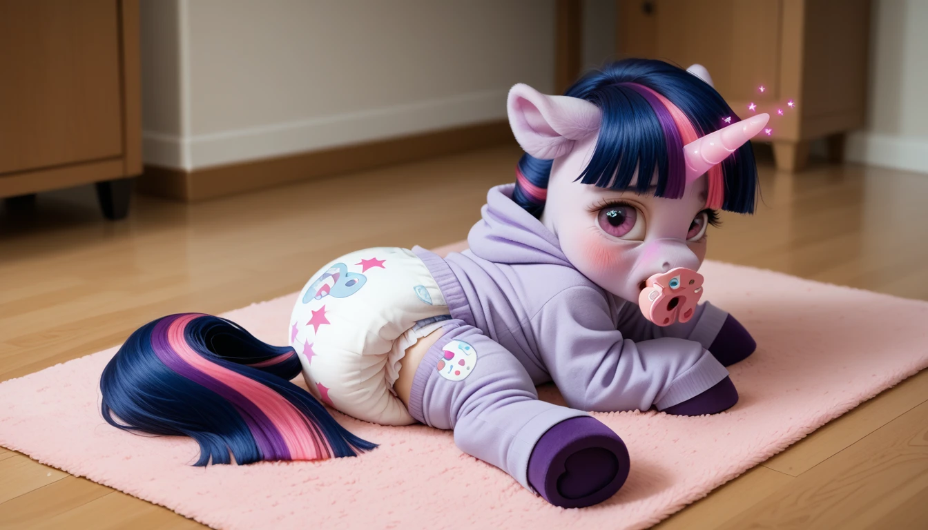 pony, purple unicorn, dark blue mane with purple streak and pink streak, the tail is dark blue with a purple strand and a pink strand, purple eyes, on the side close to the back hoof is a drawing of a pink star with six small stars around a central star, adult mare, sitting in the room on a soft play mat, wearing an adult-sized onesie and booties, baby adult size pacifier in mouth, solo, thick diaper under clothes, pink blush on cheeks, Embarrassment, Awkwardness.
