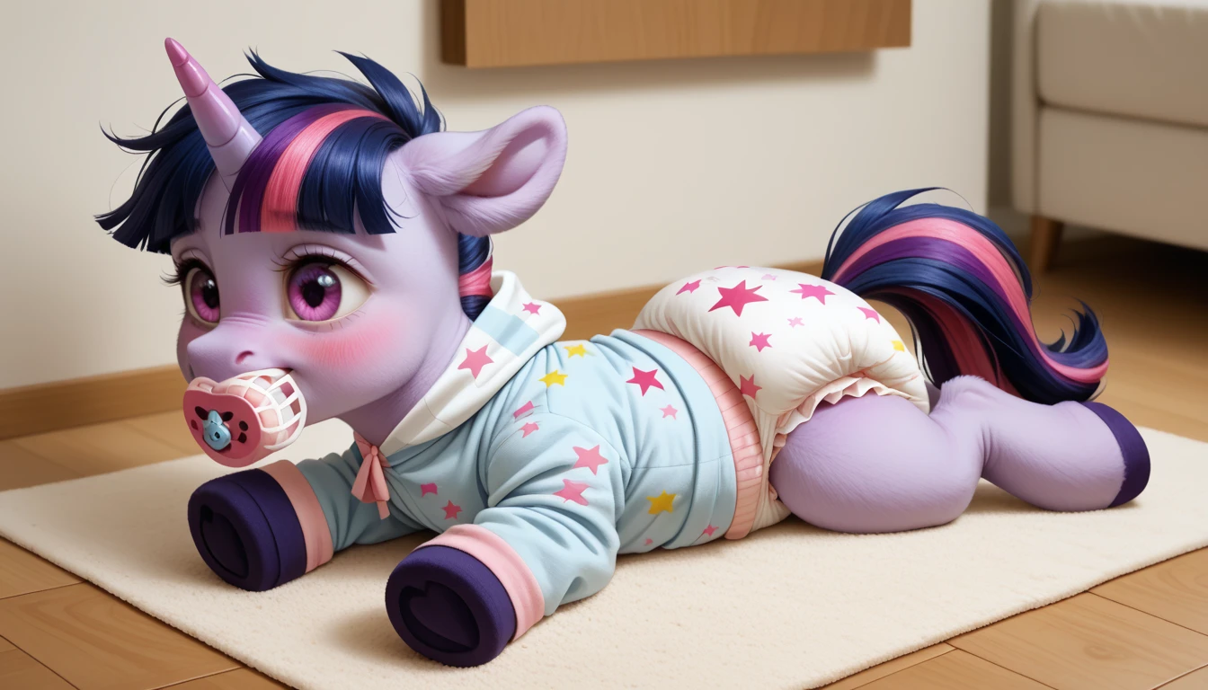 pony, purple unicorn, dark blue mane with purple streak and pink streak, the tail is dark blue with a purple strand and a pink strand, purple eyes, on the side close to the back hoof is a drawing of a pink star with six small stars around a central star, adult mare, sitting in the room on a soft play mat, wearing an adult-sized onesie and booties, baby adult size pacifier in mouth, solo, thick diaper under clothes, pink blush on cheeks, Embarrassment, Awkwardness.