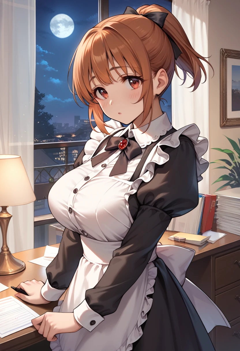 (score_8, score_8_up,masterpiece,highest quality,Perfect Anatomy,Exquisite detailed,hyper realistic:1.1)(realistic:0.3)1 girl,abnn,short hair, brown hair, orange hair, ponytail, bangs, red eyes, large breasts(sagging breasts:0.6)maid uniform,blush,office(night,moon Light,evening:1.3)