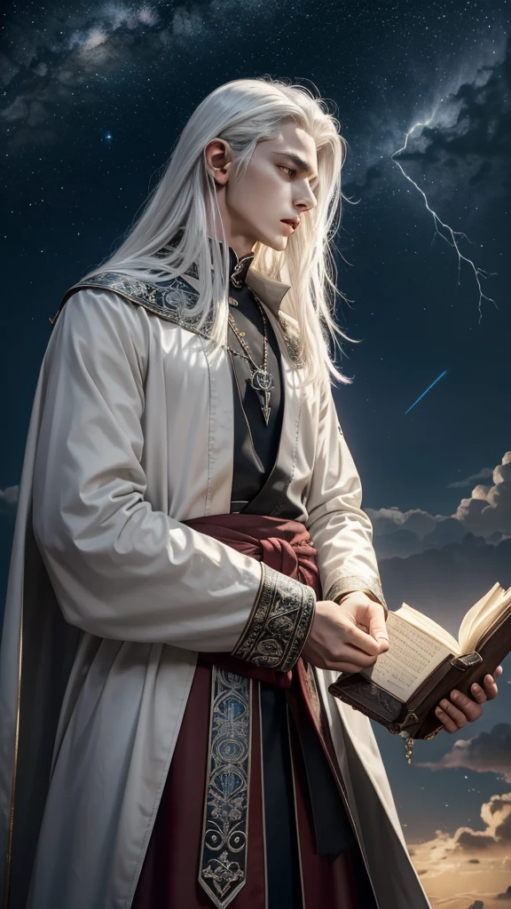 Exorcising evil spirits in ancient ruins17A wise young man about his age、Neutral boy、
White hair and sky blue mesh hair、Waist-length hair、Loose Waves、side hair、Tie it to the back with a green string、From the waist up、Eyes of seven colors、Looking sadly at the sky、silver ear cuff、Necklace with blue gemstones and fine engraving、choker、Hair dancing in the wind、(((In his right hand he holds a spellbook engraved with a crimson red pentagram.)))、Staring at the sky, I chant a spell、Open your mouth、((A dazzling light shoots out from the spellbook into the sky.))、Intricate and elegant embroidered innerwear in black and gold、A coat with fluffy white feathers on the collar、Coat fluttering in the wind、White feathers flying in the air、Left hand pointing straight up towards the sky、A small pale light emerges from my fingertips, forming an arrow of light that shoots through the heavens.、Dark sky、Lightning super wide shot、Focus on people、masterpiece, best quality, ultra detailed, insanely detailed, exquisite, beautiful, 16K, highres