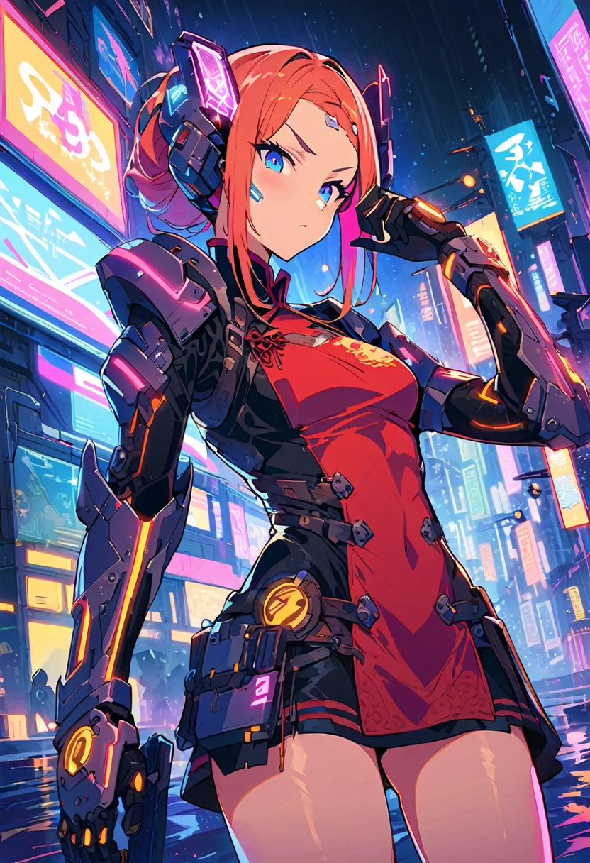 (best quality), (ultrafein), (masterpiece), Illustration, a girl,China-Costume,cyberpunk, (cyberpunk,China-Costume,Cybernetic implants),Hair Accessories, bright colours,dynamic lighting,neon lights,shining city skyline,holographic projection,Fashionable clothing of the future,a mix of traditional and modern elements,Avantgardistisches Make-up,exquisite hairstyle,Self-confidence and determination,Urban environment,Heavy rain,Reflection on wet road,Metall Textur,Mechanical Armor, gorgeous accessories,High-Tech-Gadgets,Impressive cybernetic improvements,Clear focus,Grumpy Details, Overclocked rendering, Cinematic edge light, fine light, masterpiece, super Details, epic work, Ultra-High-Definition, good quality, 32K