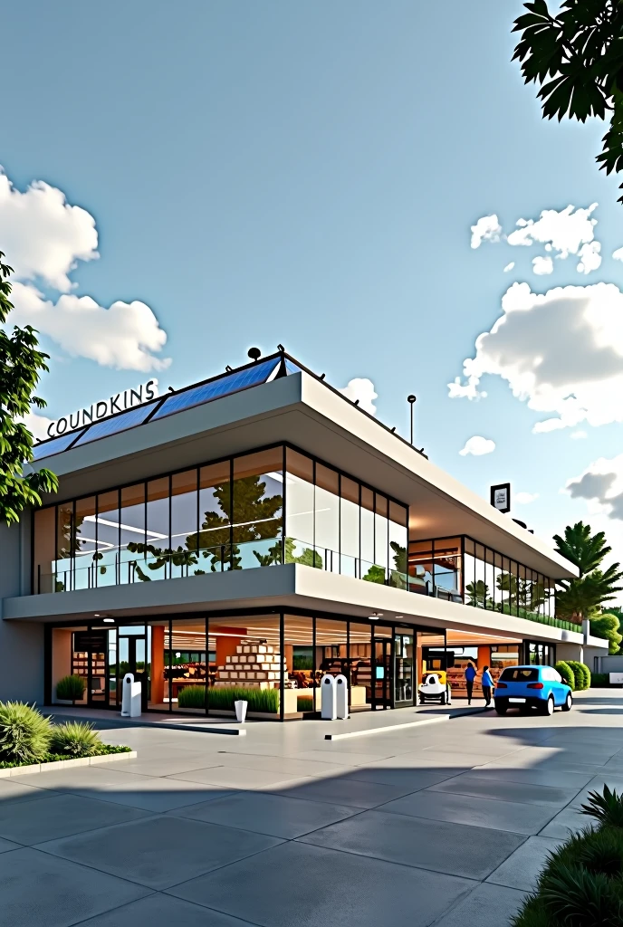 an exterior design of a highly energy-efficient and green supermarket with clerestory windows, and solar panels for energy efficiency, allowing for an abundance of natural light and reduced carbon footprint, resilient in landslides, rainwater harvesting, electric vehicle charging stations, LED lightings, and zoomed in to showcase the details of the sustainable building for a supermarket.