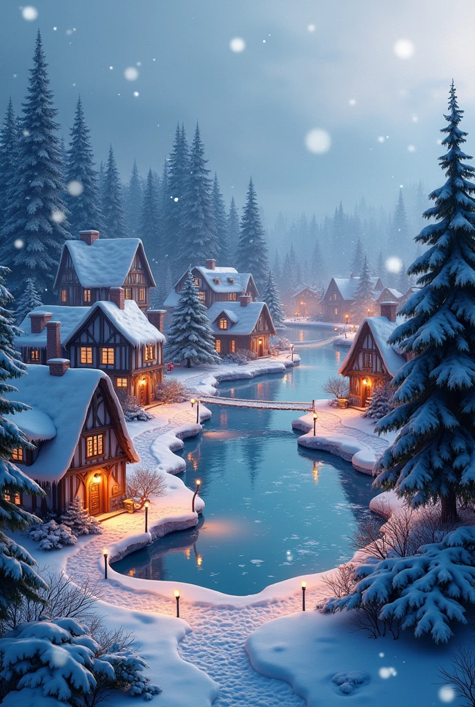 winter village with snow fall