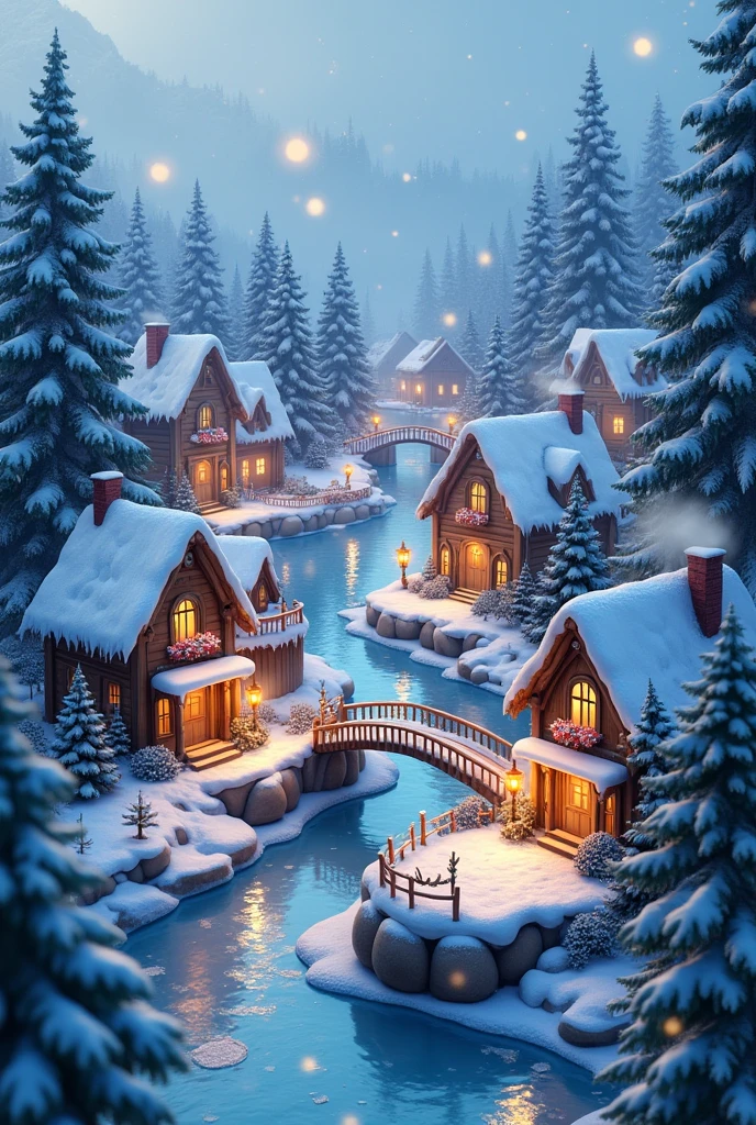 winter village with snow fall