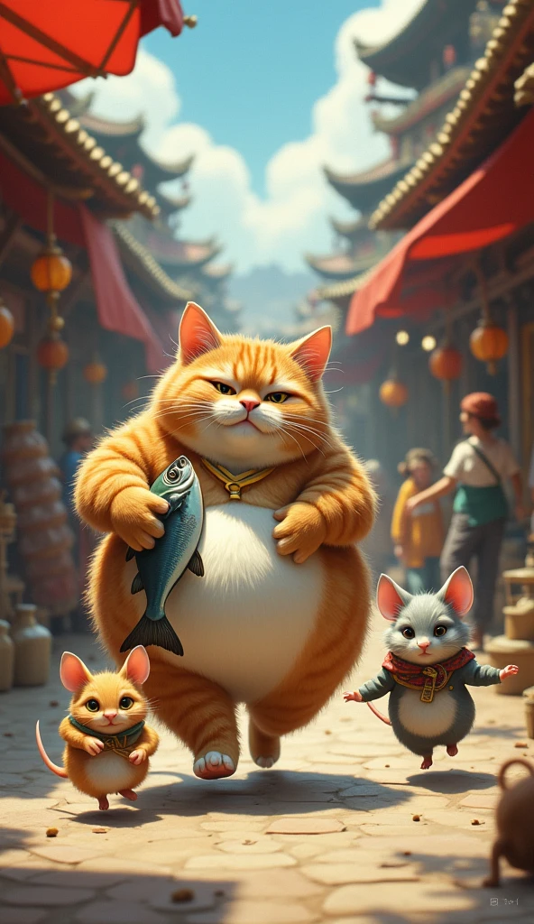 fat cat is holding fish running in the market, behind is a big fat mouse chasing, 2 animals that run like humans and wear clothes