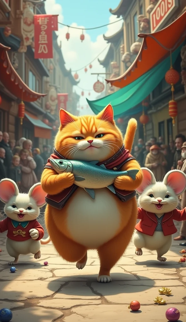 fat cat is holding fish running in the market, behind is a big fat mouse chasing, 2 animals that run like humans and wear clothes