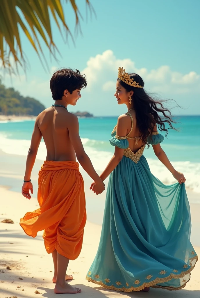 An Indian man wearing an orange dhoti and a blonde Portuguese princess wearing a blue and gold dress with a gold crown The girl and the Indian man are holding the hand of the Portuguese princess They are both walking looking at the camera In the background is a beach with white sand and blue water. The image is in a romantic style, with soft lighting and a dreamy atmosphere