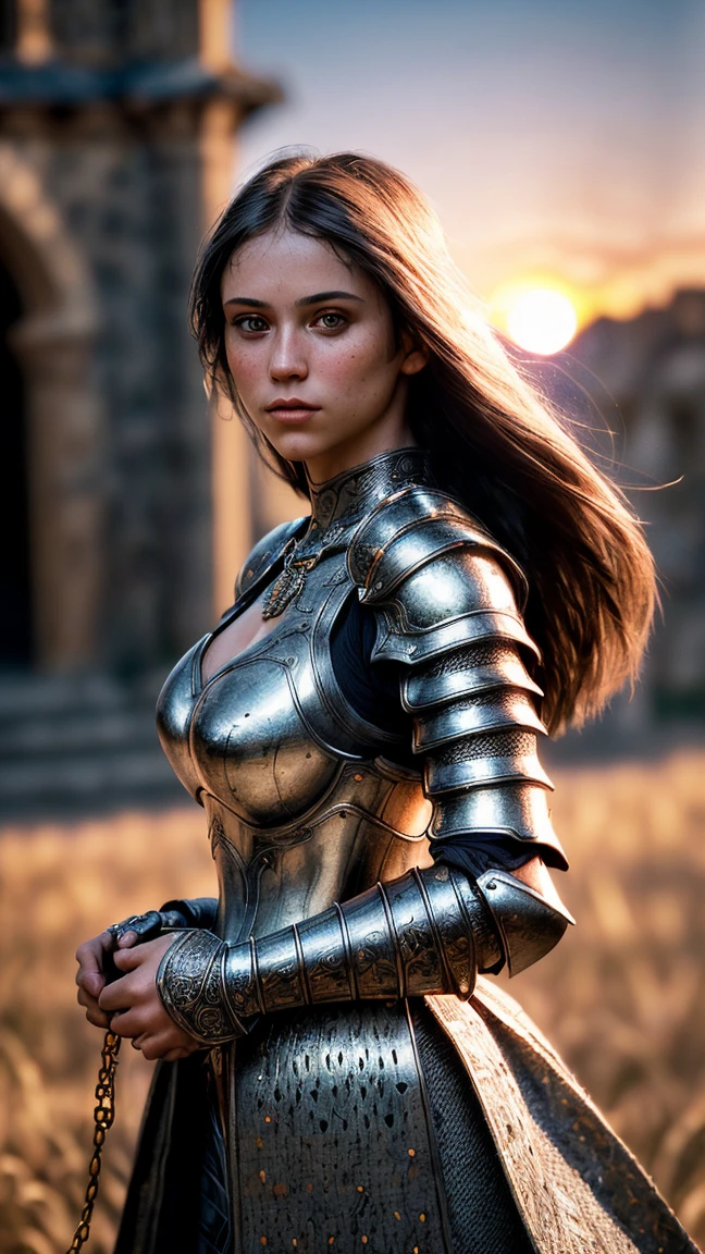 (masterpiece), (extremely intricate:1.3), (realistic), portrait of a girl, the most beautiful in the world, (medieval armor), metal reflections, upper body, outdoors, intense sunlight, far away castle, professional photograph of a stunning woman detailed, sharp focus, dramatic, award winning, cinematic lighting, octane render  unreal engine,  volumetrics dtx, (film grain, blurry background, blurry foreground, bokeh, depth of field, sunset, motion blur:1.3), chainmail