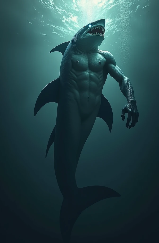 As shark tail and fins and gills and naked