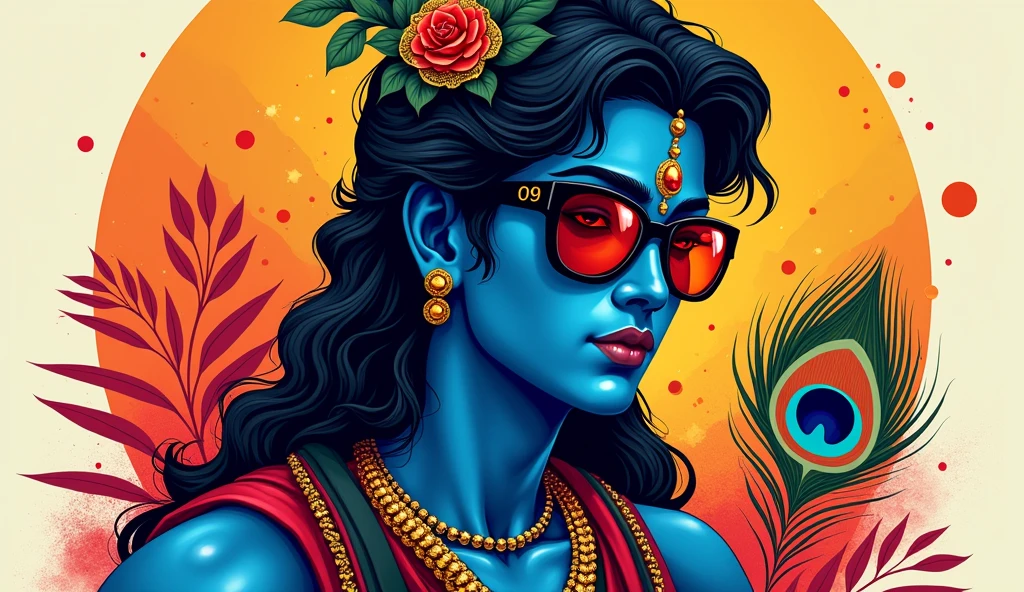 Create a poster of lord krishna in swag dress with black stylish gogle