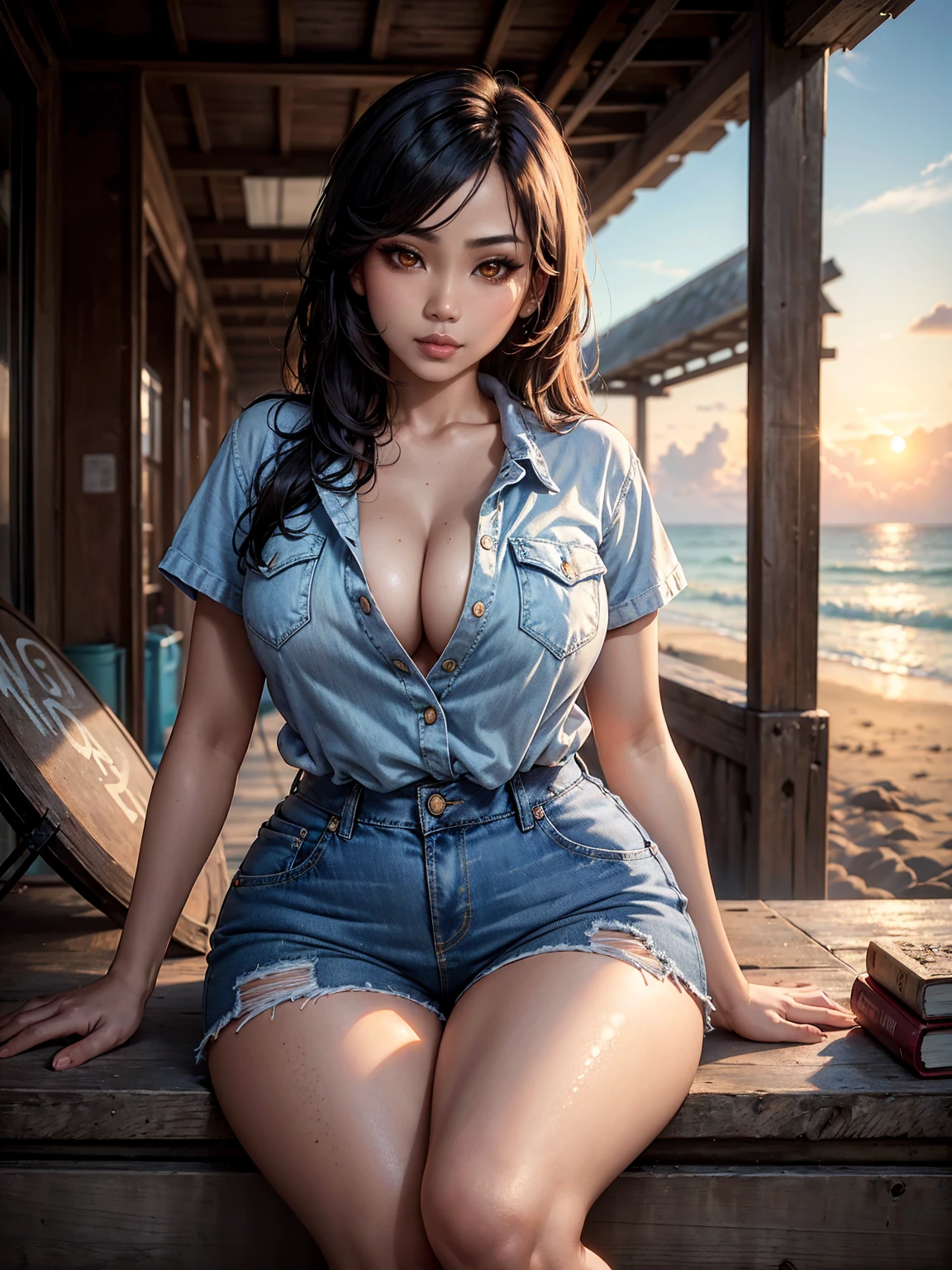 (SFW, Beautiful aesthetic sexy Malaysian|Filipina female model:1.3), thicc hourglass figure, wearing denim shorts and shirt, long messy hair, beach ruins at sunrise, soft fill lighting, freckles, perfect eyeliner and eyeshadow