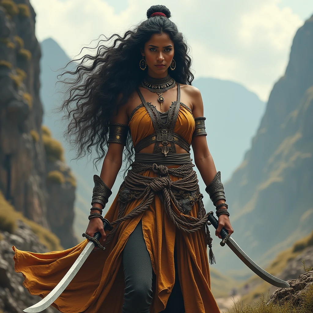  beautiful South Indian queen, wearing old warrior dress , long curly hair, background There are big mountains and battlefield behind , she was one hand katana and one hand horse roap  ,she was very dangerous and angry 