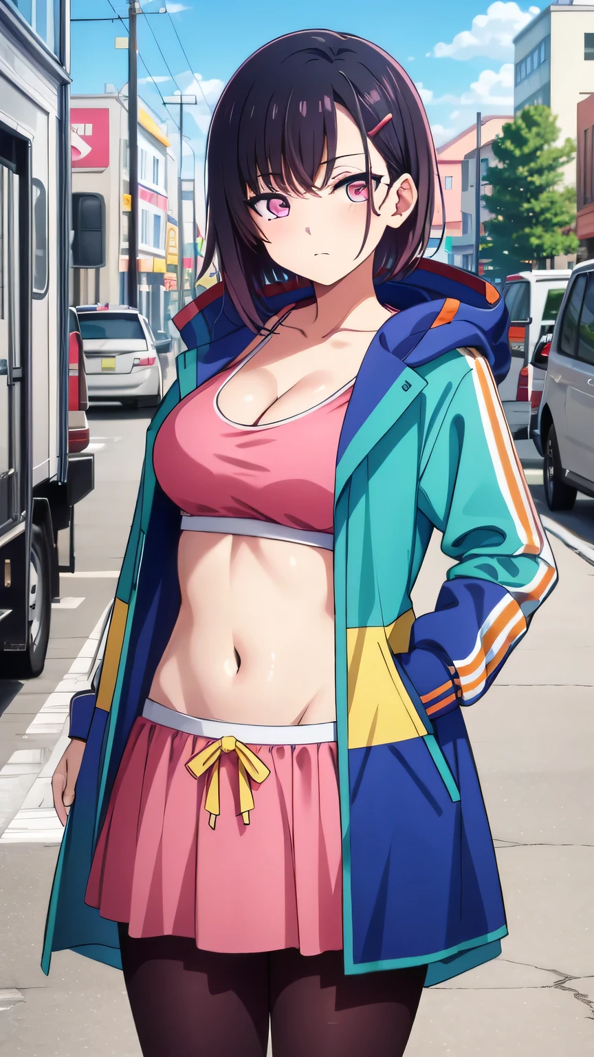 {{{masterpiece}}}, {{{best quality}}}, {{ultra-detailed}}, {illustration}, {{an extremely delicate and beautiful}}, (beautiful detailed eyes:1.6), extremely detailed face, 16k, visual anime de uma jovem mulher, extremamente bonito rosto de anime, anime melhor garota,(High resolution eyes, Beautiful eyes, Light in the eyes), anime face, shizuka mikazuki(Zom 100: Bucket List of the Dead), MShizukaV4, cute face, short hair, purple hair, hair ornaments, hair clip, (pink eyes:1.5), flowing bangs, medium breasts, thin waist, big hips, curvaceous, break ,navel, cleavage, Jacket, open clothes, abdomen, hood, open Jacket, blue Jacket, hooded Jacket, play sports often, hood down, pink mini skirt, brown pantyhose, thighs, zettai ryouiki, BREAK, cool face, walking, flushed cheeks, looking at viewer, outdoor, city, building, sky, daytime, cowboy shot