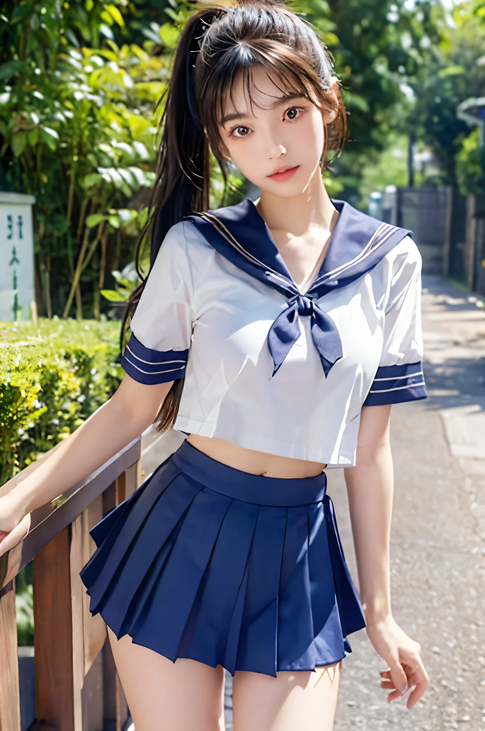 (Ultra HD), (Looking at me), (The whole body is shown), (Short-sleeved sailor uniform, Navy blue low-rise mini skirt), Big Breasts, Super beautiful breasts, slender, Narrow waist, (Thin legs:1.2), (Thin thighs:1.2), (Thin Hips:1.4), (Beautiful Skin, Shiny skin, White skin), (Super slim face, Super beautiful face, No makeup, Smile:0.6), (ponytail, Layered Cut, Fluffy hair), (double eyelid, Slanted Eyes), (Small Nose), (Thin lips), Are standing, In front of the school gate