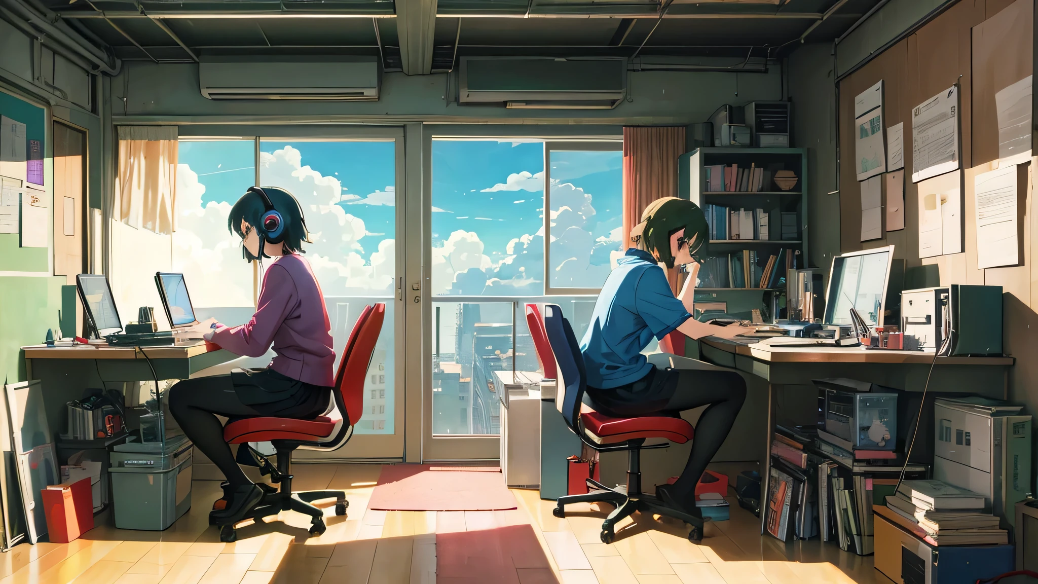 anime character sitting at a desk with a laptop and headphones, lofi artstyle, lofi, lofi hip hop, lofi girl, lofi art, satoshi kon anime, satoshi kon artstyle, inspired by Satoshi Kon, chillhop, satoshi - kon, lofi album art, studio ghibli composition, style of satoshi kon