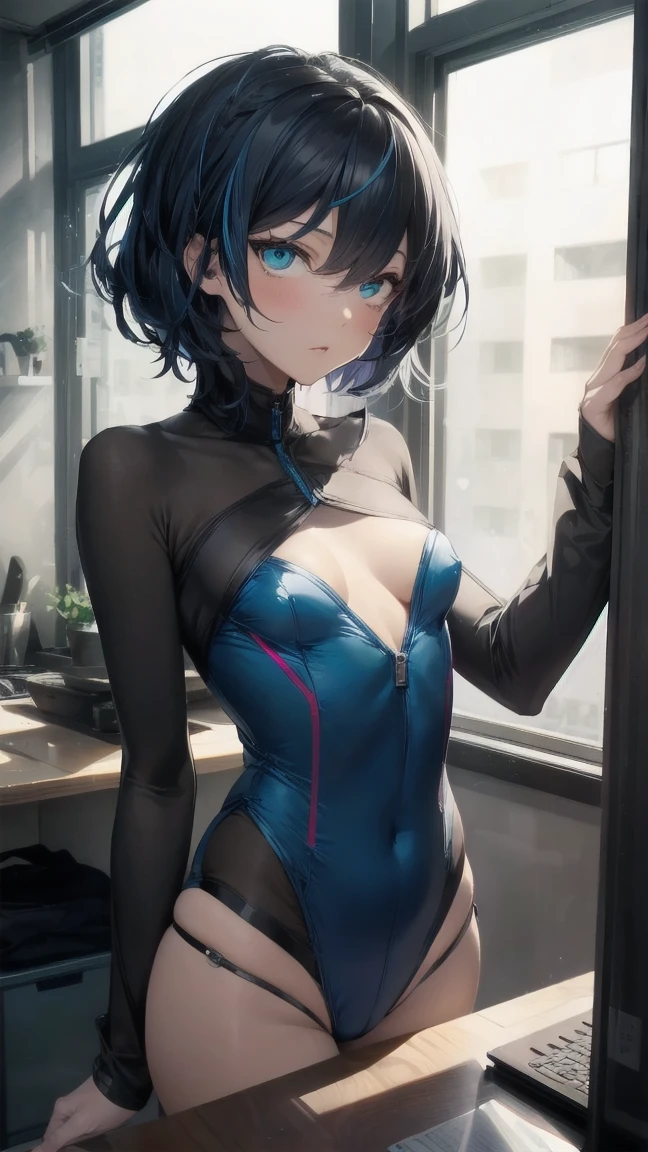 Close-up of a manga girl with blue hair,Jinx Face, short hair, hot pants, Small breasts, ((Black Hair, Inner bright blue hair:1.4)), Pitch Resuit, rubber ,Nipples, tits, R18, Nipple piercing