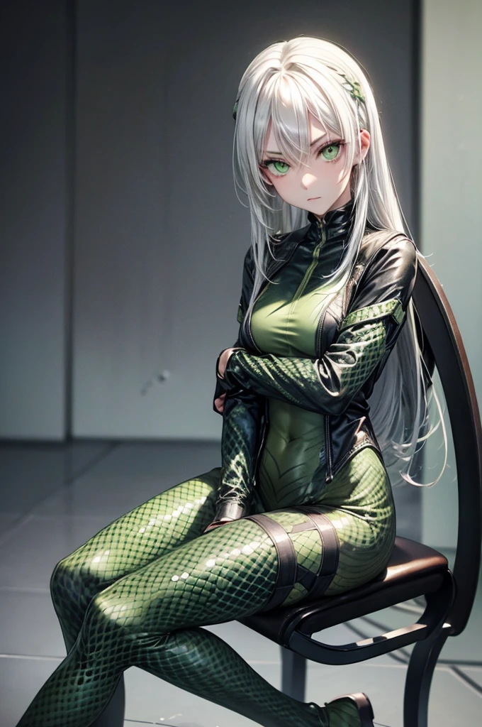 snake girl,Snake tights, green,green eyes, Snake Eyes, White hair, expressionless,Sit on a chair with legs spread