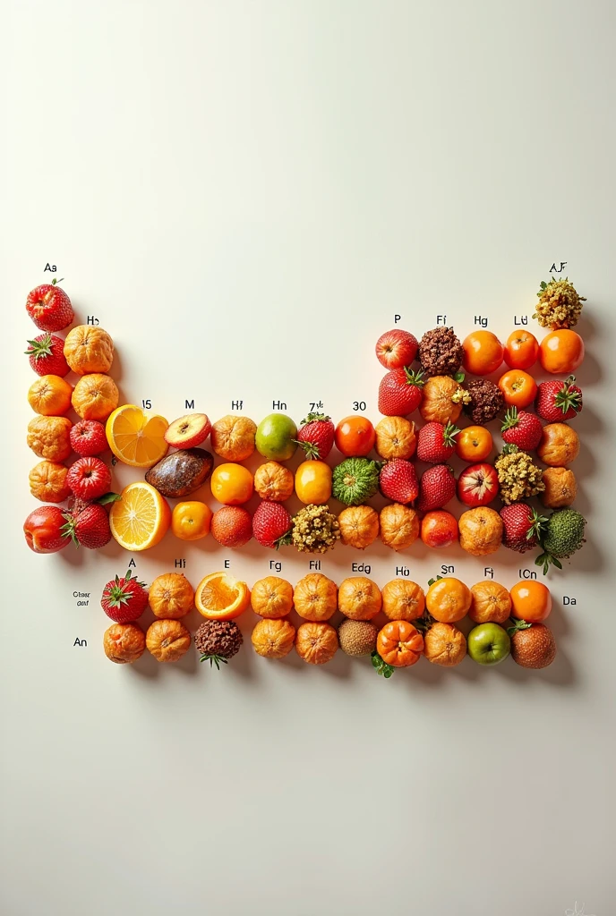 Periodic table with food pictures，The grid contains pictures of food and letters of chemical elements