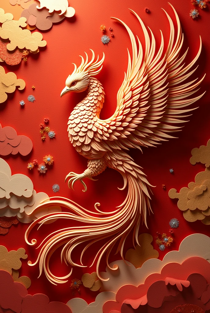 Paper Cut Style: Phoenix,Gorgeous feathers and patterns,Bright red、Orange and gold，High contrast,Carefully crafted,Fine details,Paper Art Folding Tips,Shadows and Highlights,Playing with light and shadow,Paper texture,Traditional Chinese Art,Aesthetic beauty,Elegant and sophisticated design,Fantastic atmosphere,Vibrant colors,Precise and delicate paper sculpture,Handmade artwork,Beautifully layered composition,Scrolls and flowers,Gold and silver spots,Depth and Dimensionality,Ethereal and dreamlike,Graceful and charming,Light and flowy,peaceful
