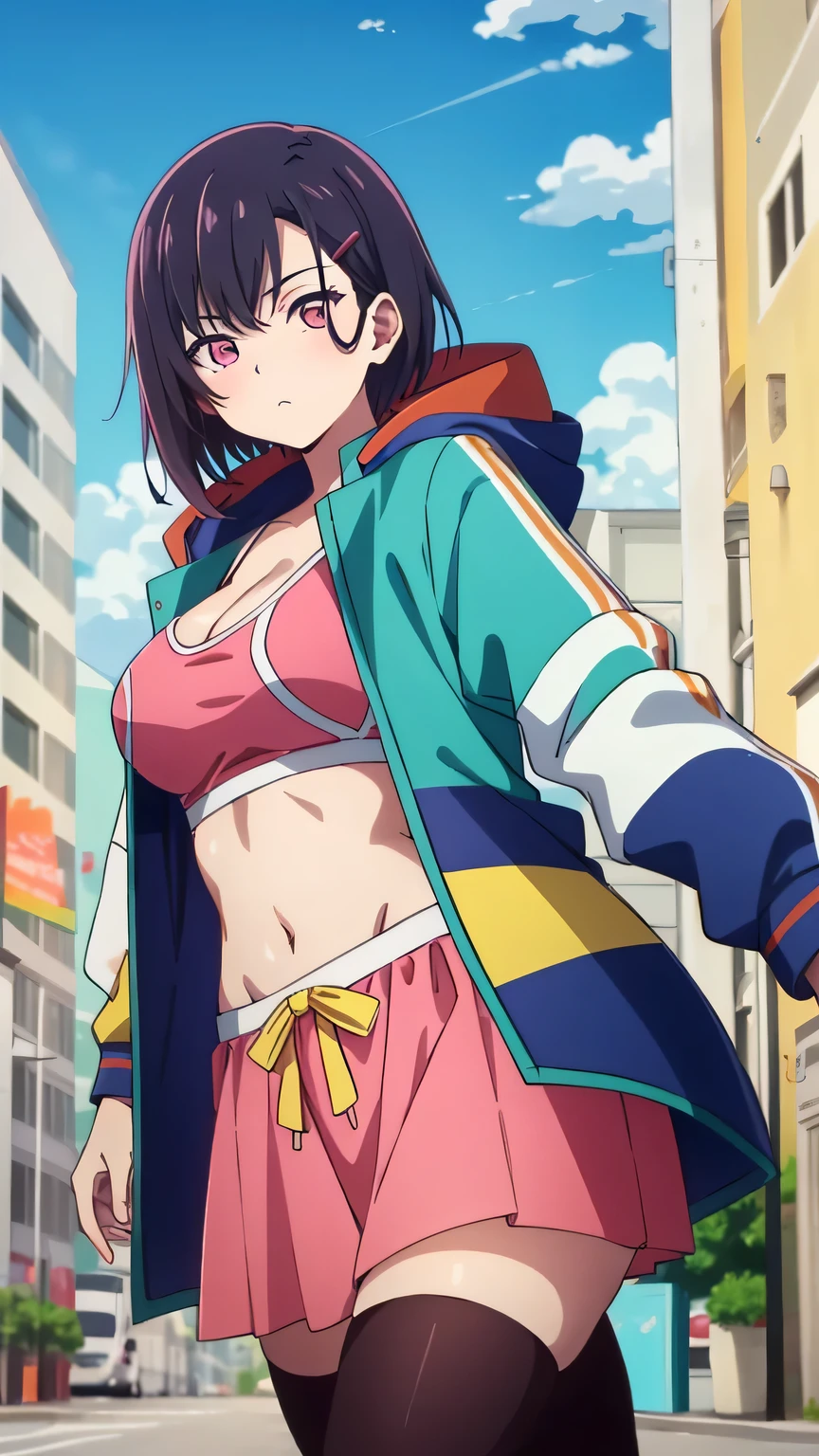 {{{masterpiece}}}, {{{best quality}}}, {{ultra-detailed}}, {illustration}, {{an extremely delicate and beautiful}}, (beautiful detailed eyes:1.6), extremely detailed face, 16k, visual anime de uma jovem mulher, extremamente bonito rosto de anime, anime melhor garota,(High resolution eyes, Beautiful eyes, Light in the eyes), anime face, shizuka mikazuki(Zom 100: Bucket List of the Dead), MShizukaV4, cute face, short hair, purple hair, hair ornaments, hair clip, (pink eyes:1.5), flowing bangs, medium breasts, thin waist, big hips, curvaceous, break ,navel, cleavage, Jacket, open clothes, abdomen, hood, open Jacket, blue Jacket, hooded Jacket, play sports often, hood down, pink mini skirt, brown pantyhose, thighs, zettai ryouiki, BREAK, cool face, walking, flushed cheeks, looking at viewer, outdoor, city, building, sky, daytime, cowboy shot