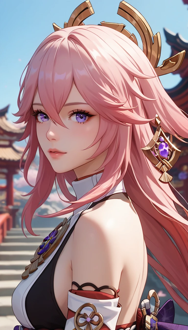 score_9, score_8_up, score_7_up,source_anime, high res image,masterpiece,best quality,girl,cute face,clear skin,yae_miko_shogun_genshin, upper body, standing, Japanese temple,