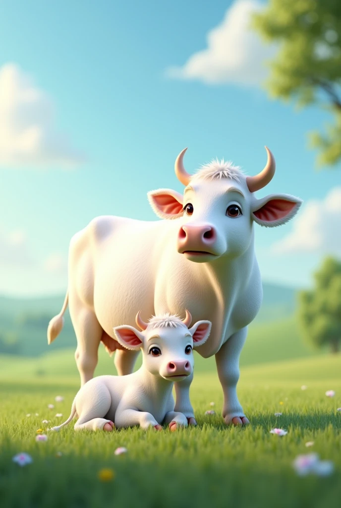 Create a 3d photo a white cow with little white cow baby