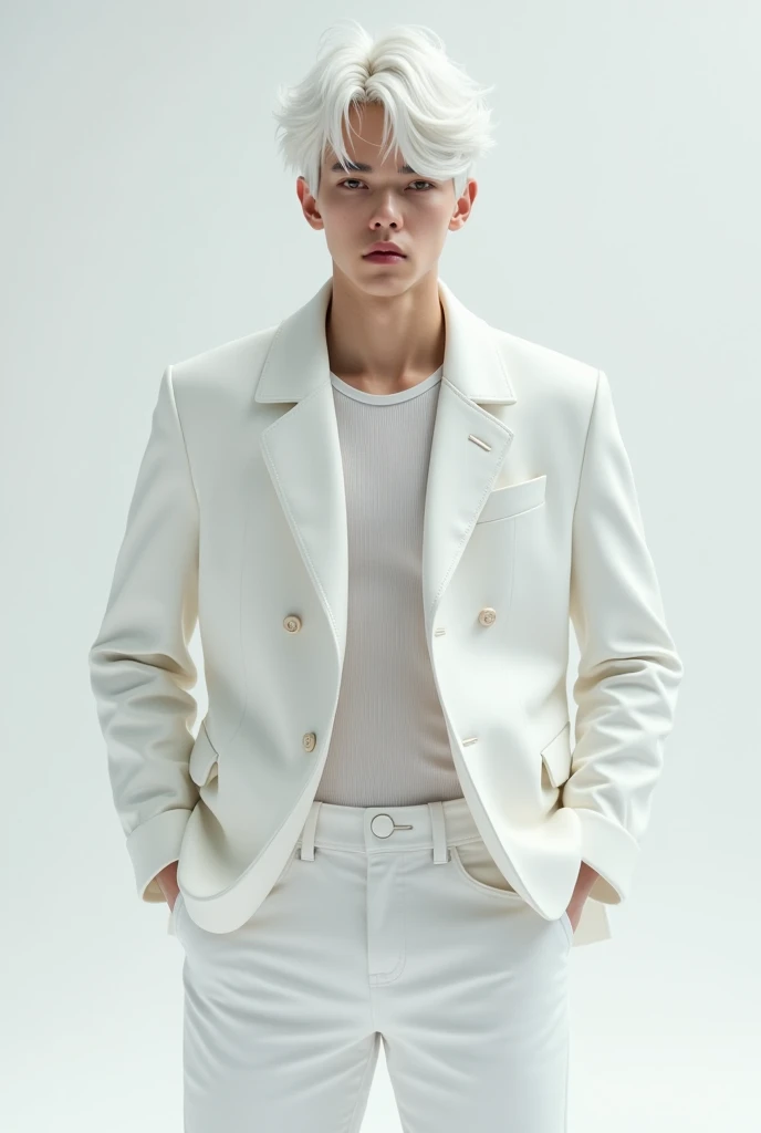 Handsome young man , white hair , white belzer , white jeans , full body
