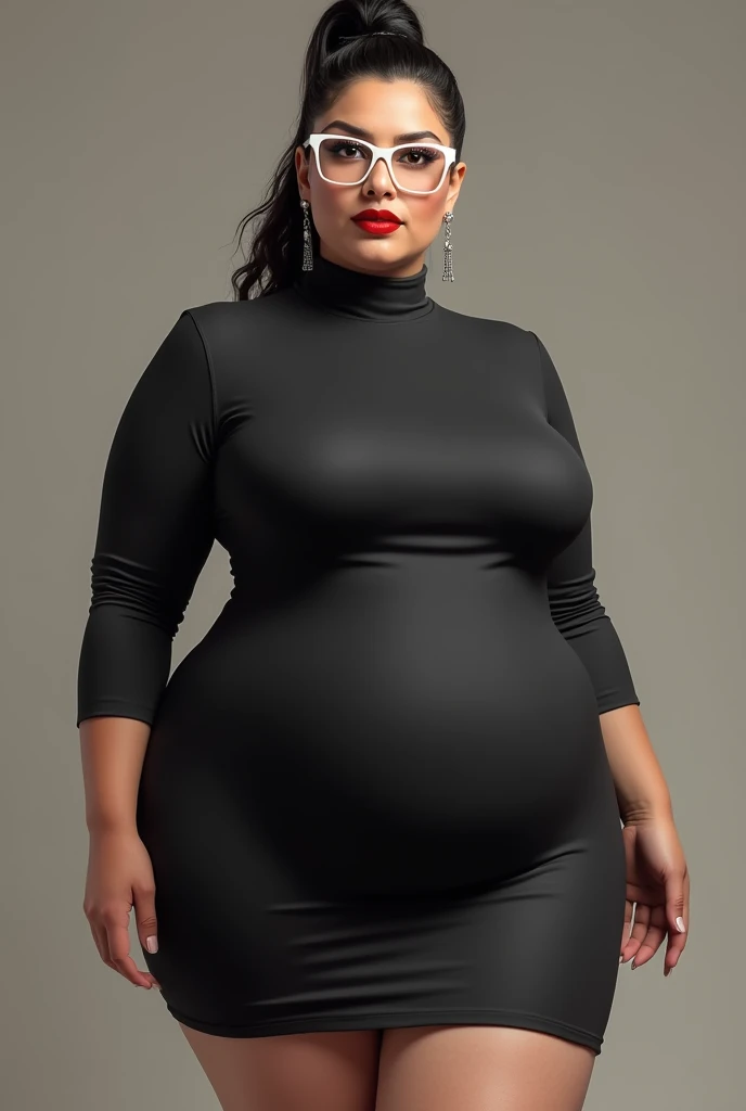 Mature aged overweight women wearing-fitting turtleneck bodycon dress. Her big breasts showing their big size she is wearing white glasses long earnings with lipstick 
