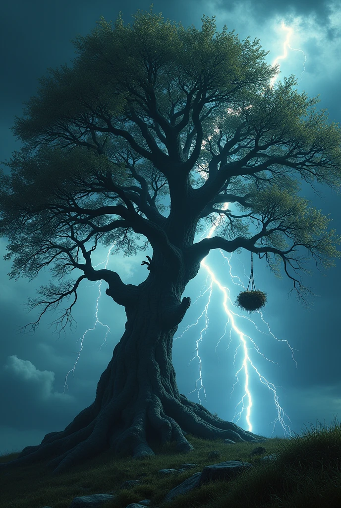 Give me the majestic image of the tree in the thunderstorm with it's branches swaying here and there and the bird nest on one of the branches of tree