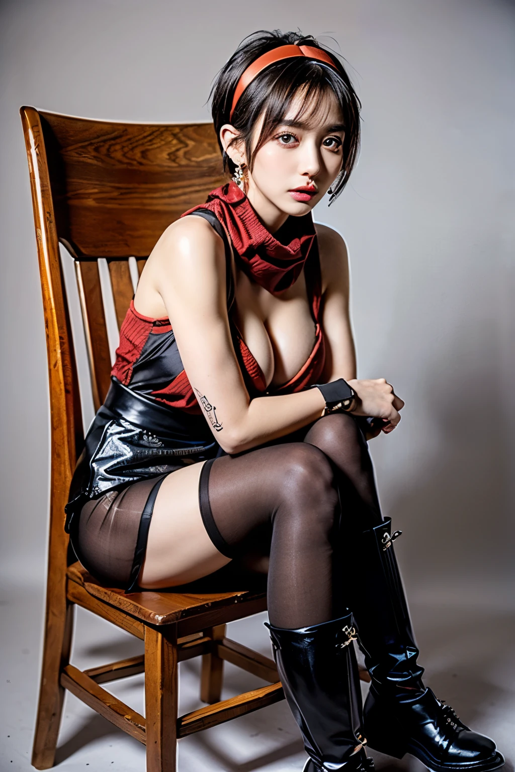 (RAW shooting:1.2, Photoreal:1.5, 8k:1.2, highest quality:1.2, masterpiece:1.2, ultra high resolution:1.2), (perfect dynamic composition:1.2, Highly detailed skin and facial textures:1.2,beautiful and aesthetic:1.2, full body:1.2, Fair skin:1.2), (large breast:1.4, Chest gap:1.4), (perfect limbs:1.2), (perfect fingers:1.2),(1girl:1.2,tall:1.2,sexy:1.2,asian:1.2,glamour:1.2,makeup:1.2),(sitting:1.2,chair:1.2,legs together:1.2),(earrings:1.2),(ragnarok_ninja:1.2),(red ninja scarf:1.2),(black short hair cut:1.2),(hairband:1.2),(double eyelid:1.2),(sash:1.2),(simple background:1.2),(thigh tights:1.2),(ninja boots:1.2),