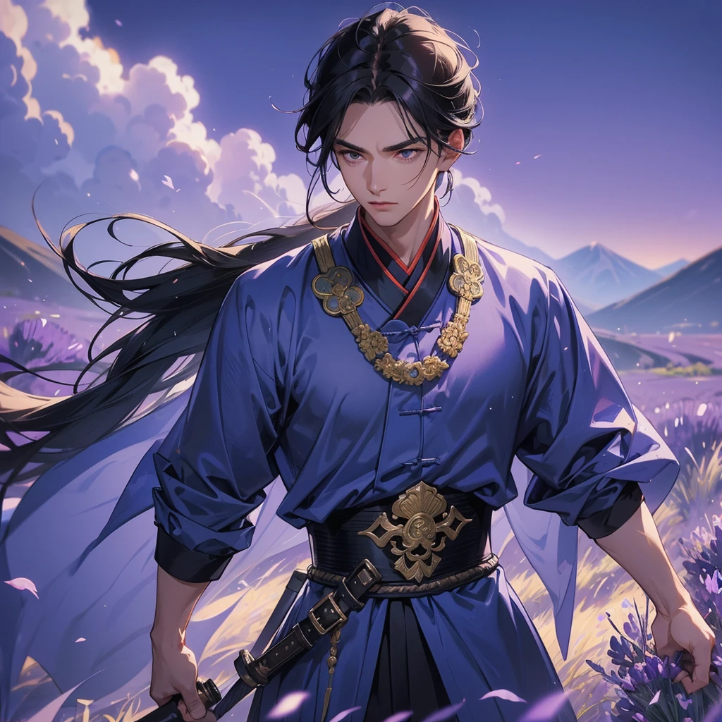 Handsome black-haired male general holding a large sword in blue ancient Chinese general costume, walking In the middle of lavender fields , Surrounded by lavender fields, purple, with green mountains in the background, low clouds, the sun is about to set, close up.