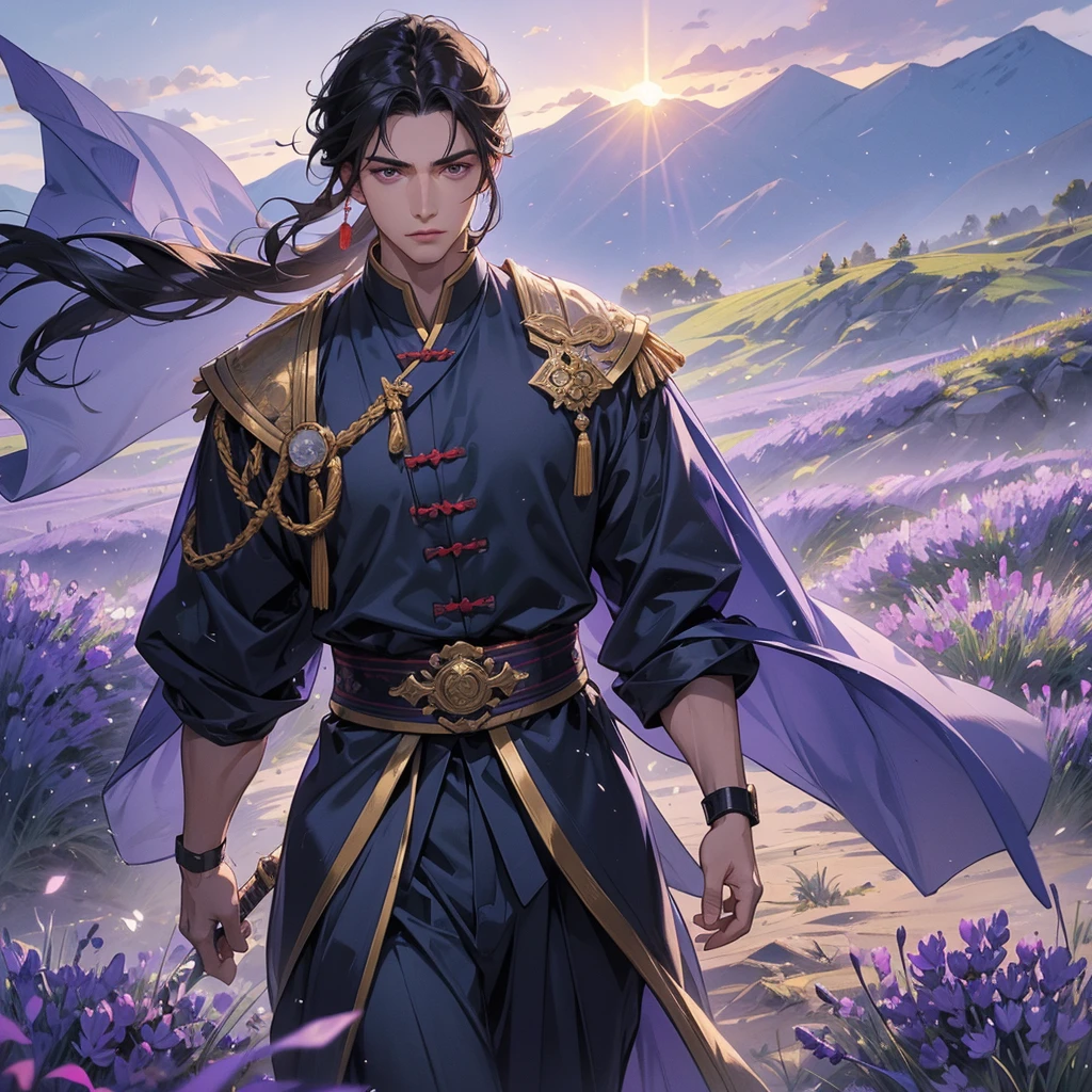 Handsome black-haired male general holding a large sword in blue ancient Chinese general costume, walking In the middle of lavender fields , Surrounded by lavender fields, purple, with green mountains in the background, low clouds, the sun is about to set, close up.