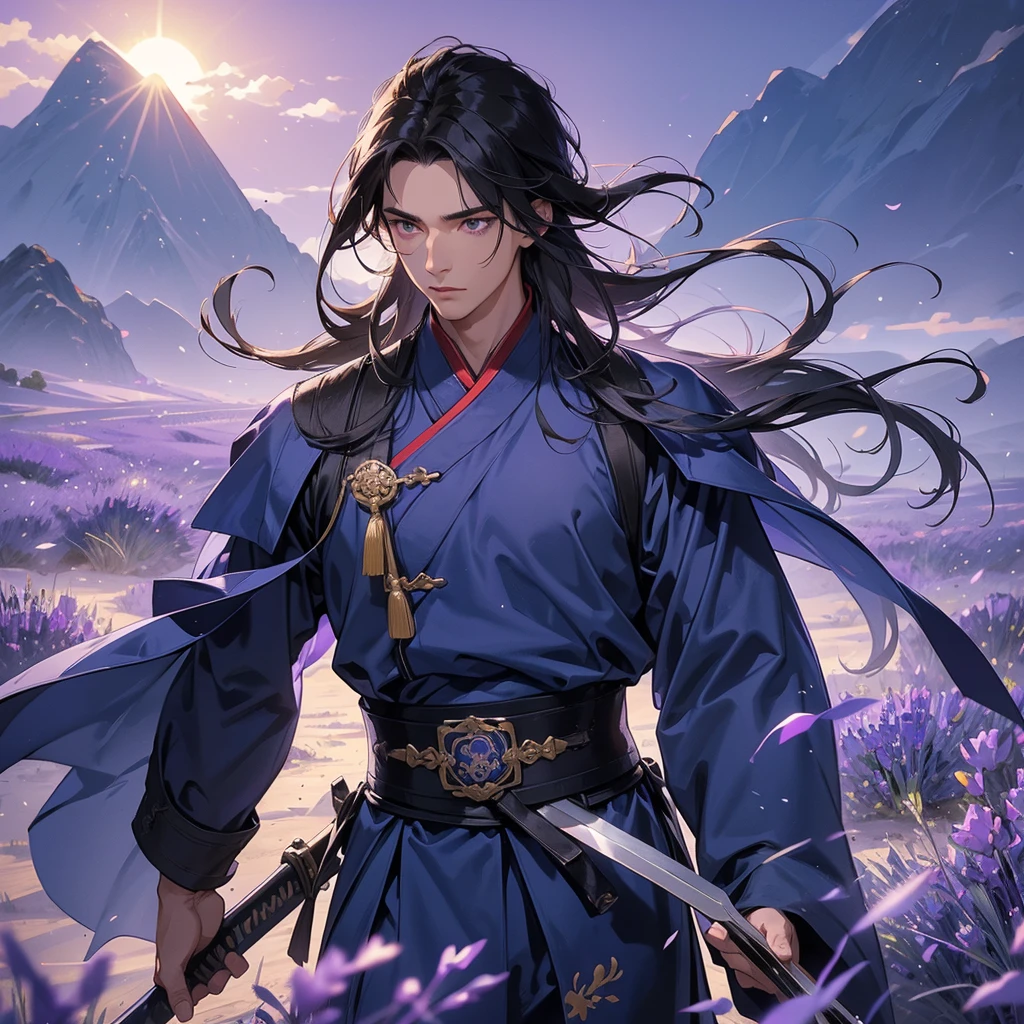 Handsome black-haired male general holding a large sword in blue ancient Chinese general costume, walking In the middle of lavender fields , Surrounded by lavender fields, purple, with green mountains in the background, low clouds, the sun is about to set, close up.