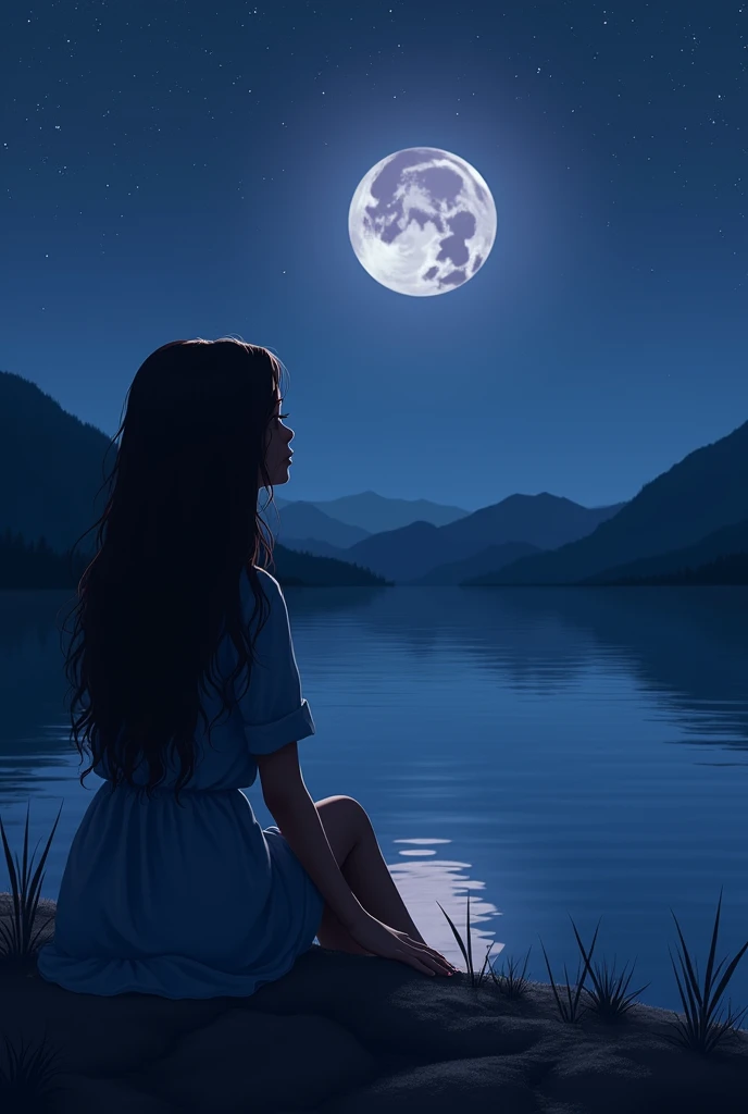 Silhouette at night of a teenage girl with purple eyes looking at the horizon of a crystal-clear lake, latina, Dark brown hair, Dark brown skin ultra-realistic high-quality image generation, bringing limitless possibilities to artistic creation.