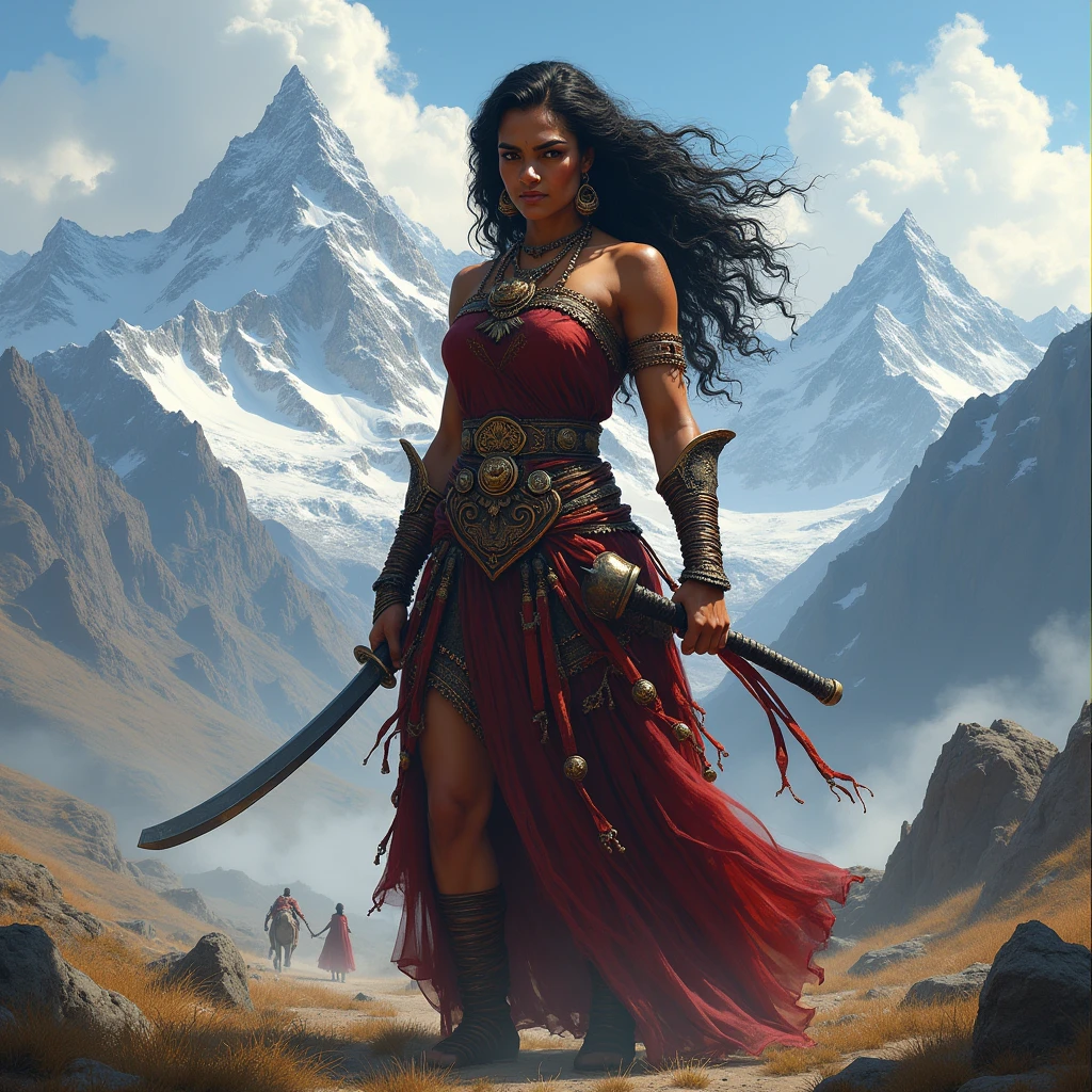 beautiful South Indian queen, wearing old warrior dress , long curly hair, background There are big mountains and battlefield behind , she was one hand katana and one hand horse roap ,she was very dangerous and angry and we try to kill she's enime