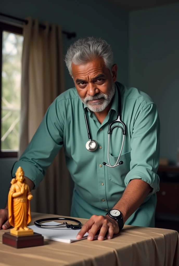 30 years Indian man is taking his stethoscope from the table at his house, his watch is also in that table. Lord sriram small idol is also there.