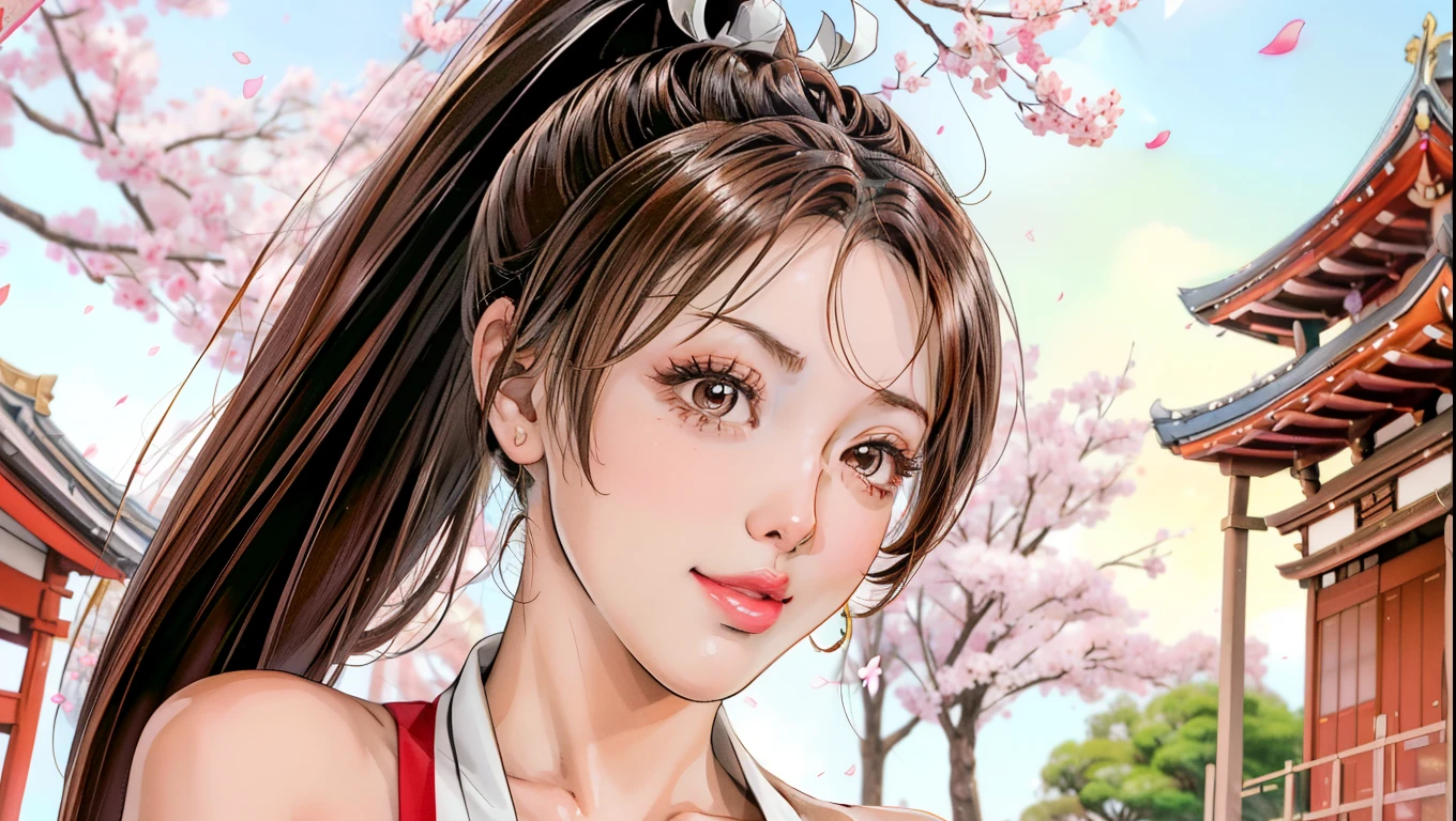 Japanese Beauty,Cherry Blossoms,Petals are just beginning to fall, In a park rich in nature、plant, (((Sexy姿势的杰作))), ((best quality)), ((complicated)), ((Surrealism)), Mature woman, Mature woman, , Very detailed, shape, mai Shiranui, ((Huge breasts)), Perfect hands, Finger details, beautiful eyes, ponytail,Brown eyes, (mai Shiranui suits:1.2), earrings, Long detailed background, Perfect eyes, Charming eyes, Looking at the audience, Rosy cheeks,Sexy,Cleavage,cute,Smile,beauty,Breast close-up,beauty的乳房,Osaka Castle,Japanese Shrines,Lots of hair,Exquisite facial features,charming, (breasts focus:1.2)