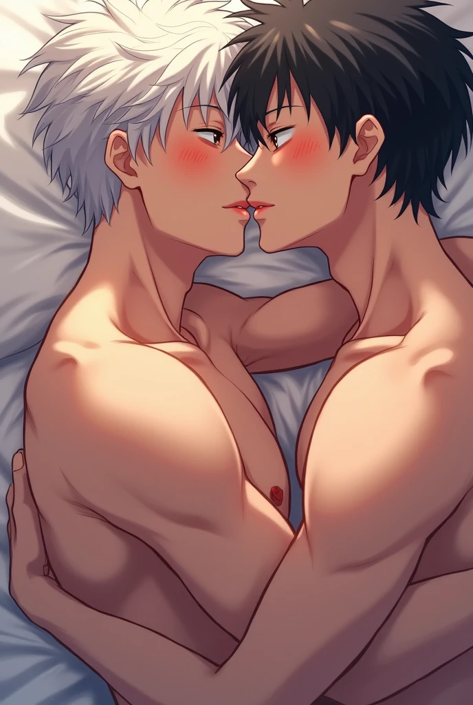 TWO MEN HAVING SEX GAY one with black hair and the other with white hair lying on the bed the one with white hair puts his penis in the one with black hair and blushes ANIME