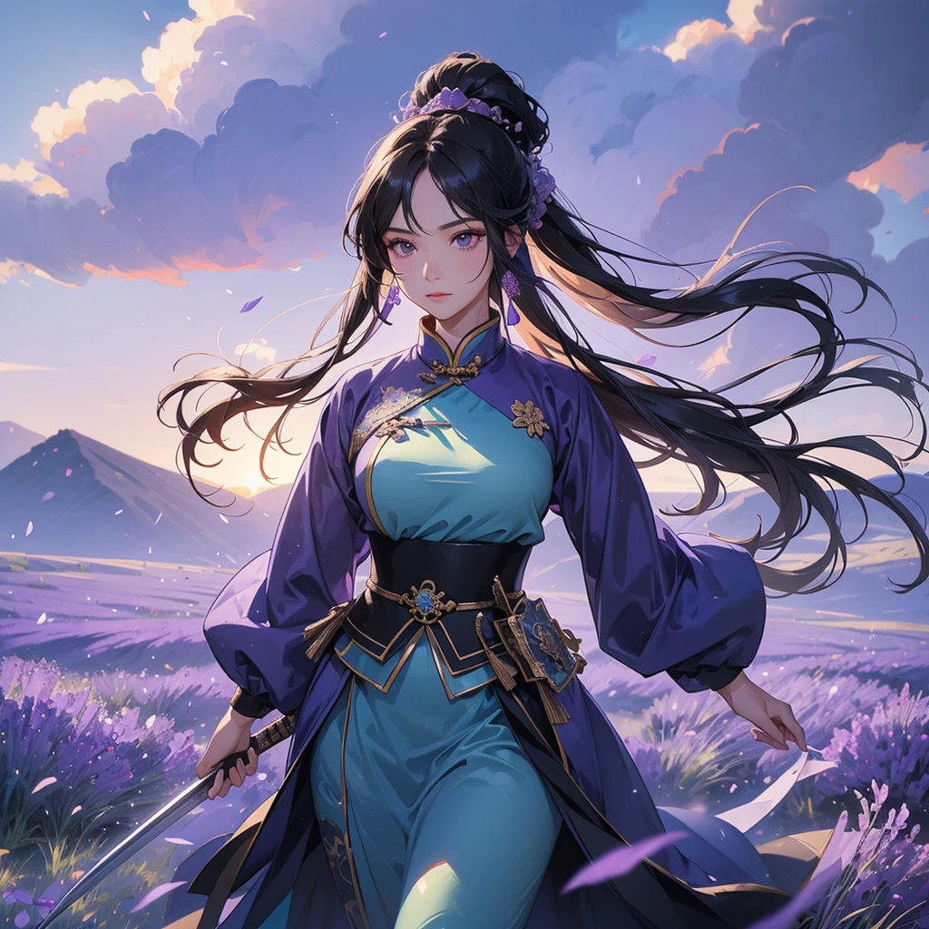 beautiful woman black-haired general holding a large sword in blue ancient Chinese general costume, walking In the middle of lavender fields , Surrounded by lavender fields, purple, with green mountains in the background, low clouds, the sun is about to set, close up.