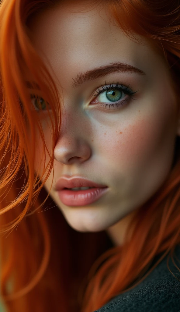 A photo of a close-up of a woman's face with long, red hair that cascades around her face, partially covering her forehead and cheeks. Her eyes are a captivating shade of green. The background is blurred, emphasizing the woman's face as the primary subject.