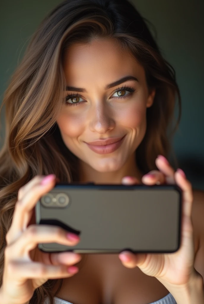 selfie picture of a beautiful woman with a phone facing the camera