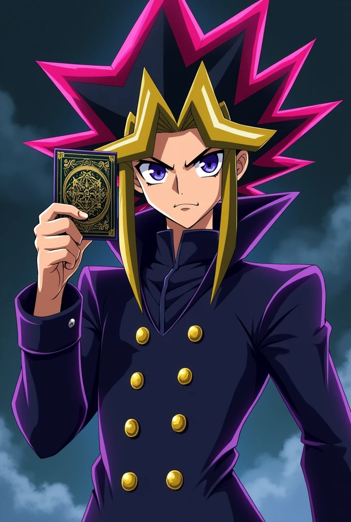 O personagem yugi moto for anime yugioh sério, holding the letter "black magician" for anime yugioh