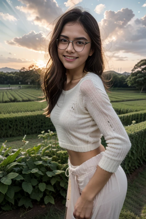 In 80' era, young sweet beautiful Bogor city girl standing cheerful on wide rice  field near Bogor, descent mixed from sundanese and javanese and Arabic, little breasts, straight very short thin hairs with a bangs, very very slim body, have big  greek nose,  tirus slim  face, wide forehead,  big eyes, little sexy  mouth, heavy down lip, thin uper lip, charm and cute girl, her name is Dewi, very sweet and harmful  smile, in the sunny fresh sunset, georgeus sweet face, slim body, nine teen years old, student of agriculture university, wearing 80's style big   size white thin transparent plastic long sleeve long sweater, wearing over size  sexy  thin very  transparent see through plastic long  skirt  in late 80' years era mode and style causing her panty visible through her trousers, wearing wedges shoes, very realistic, very natural, very realistic, all body from head to toes view, wind blowing so strong  and blowing everything, straight bob style slim hairs with a bangs blown by the  very strong wind, salak mountain as background, beautiful sunset and beautiful girl, sweet romantic moment that can't forget, wearing glasses, she is very in love to me, our future are great, soft makeup on her face, standing straddeled to gazing the beautiful panorama,