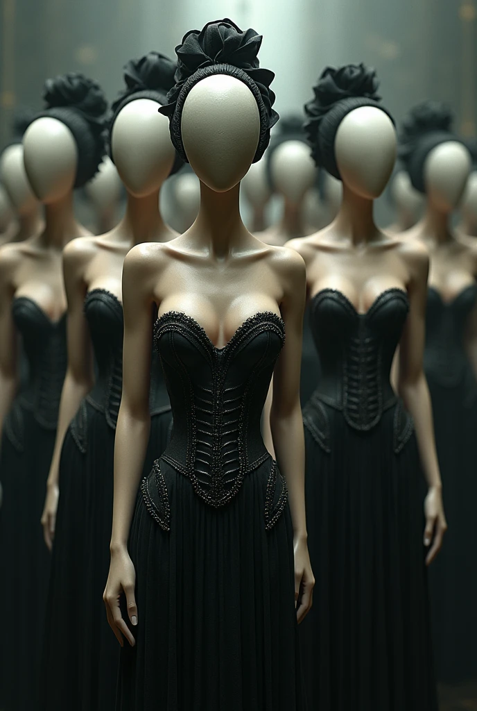 (highly detailed)
Image of alot of victor figure ( girls especially but don't make face of girls don't make eyes lips nose eye brows just round face and hair make it animated and mysterious) but make them wearing long corset bodycon dress revealing cleavage  
Make it sexy and amazing 
