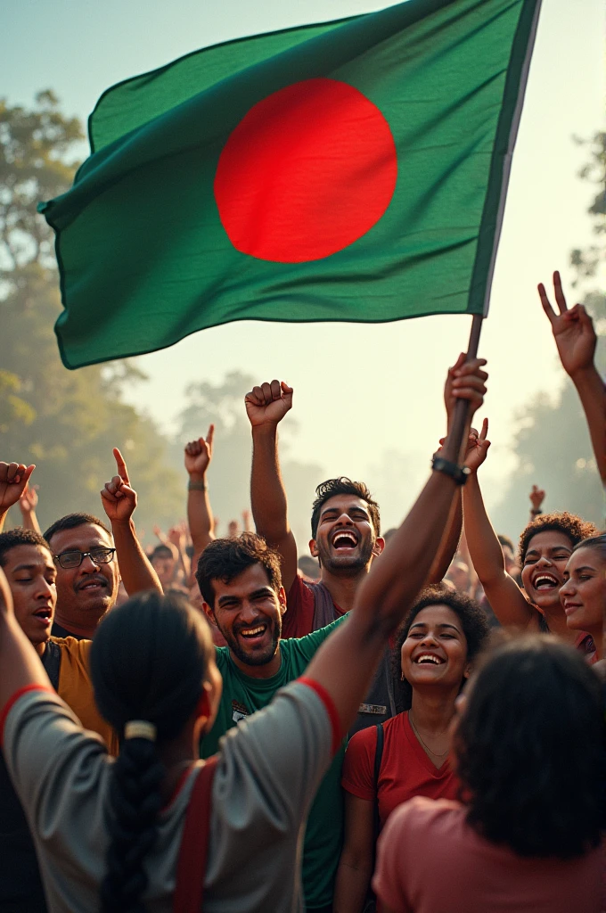 Bangladeshi people enjoy for win war and flood with flag