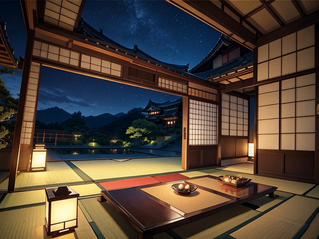 Japanese-style room、Japanese Castle、Open sliding door、Night Sky、Low - Angle