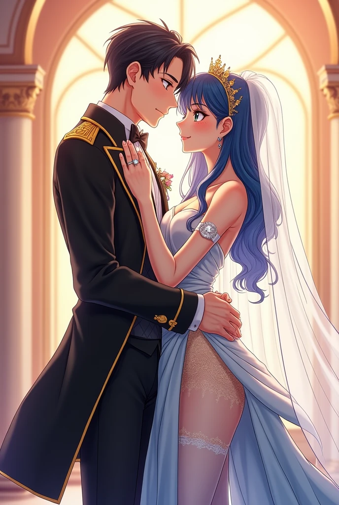anime groom with an expensive black coat and gold lines on the sleeve, black dress pants, expensive white dress shoes. Expensive silver watch, silver wedding ring on the ring finger, shiny green eyes and neat black hair. Kissing beautiful anime bride in expensive white and blue wedding dress, with gold lace tights and small gold tiara, shiny blue eyes and long blue hair, silver wedding ring in one hand and gold ring with diamond gem in the other hand . a lovely moment , light brightening them