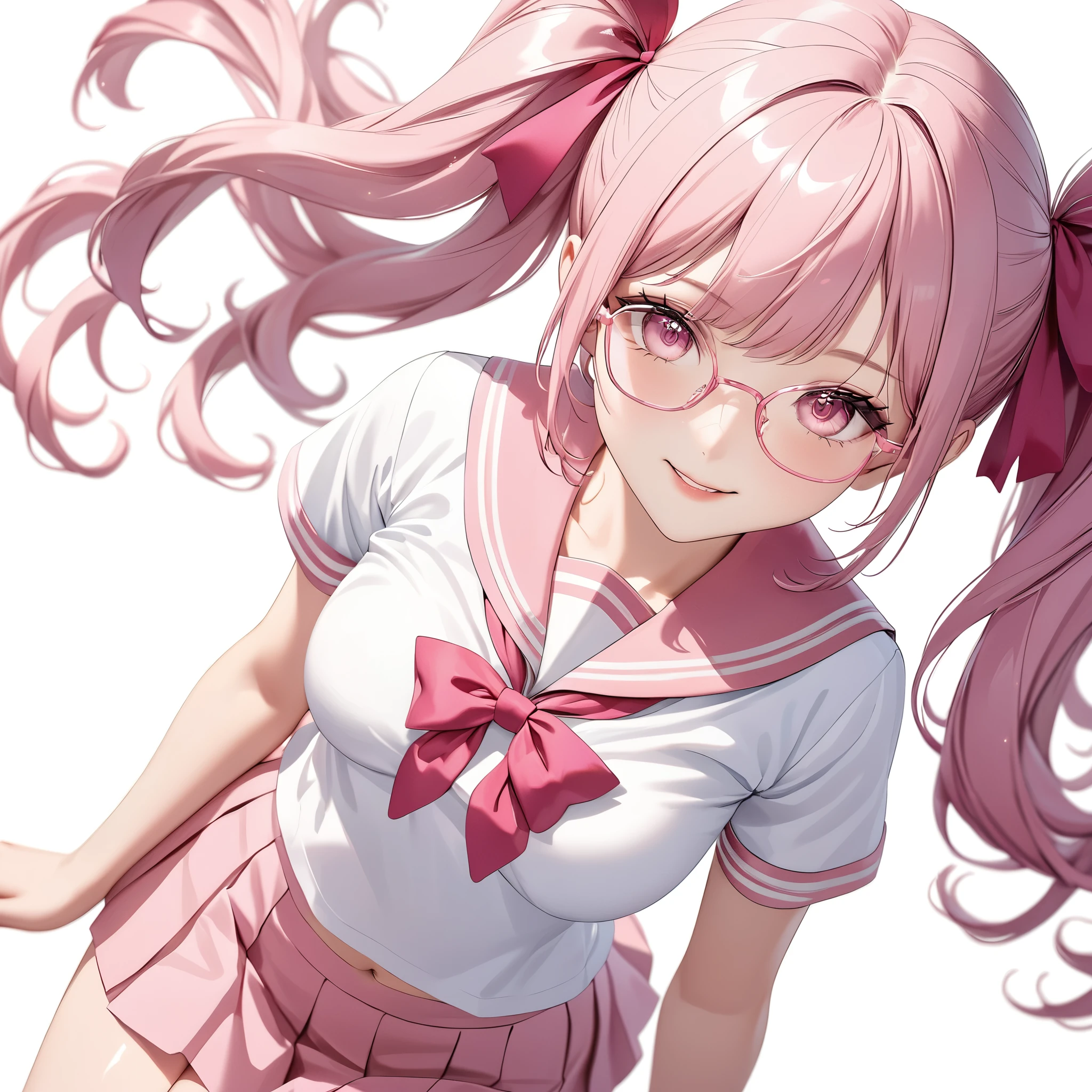 (8K, masutepiece, Best Quality, Official art, Breathtaking beauty and aesthetics, highly beautiful lighting, highly beautiful detailed), (1 Girl, Solo), (), (beautiful detailed face), (shiny white skin), (Beautiful big bust, cleavage, thighs, navel focus:1.3), (beautiful detailed pink twin tails hair, Bangs:1.3), (beautiful detailed drooping pink eyes:1.5), (pink glasses:1.3), (high school uniform:1.3), (patsel pink sailor collar, white short sleeves short length outing shirt, pastel pink pleated skirt, patsel pink ribbon:1.3), (happy smile:1.2), (Attractive, sensational, look at the camera, cute pose, lying, lie on her back, from above:1.3), (simple white plain background:1.5),