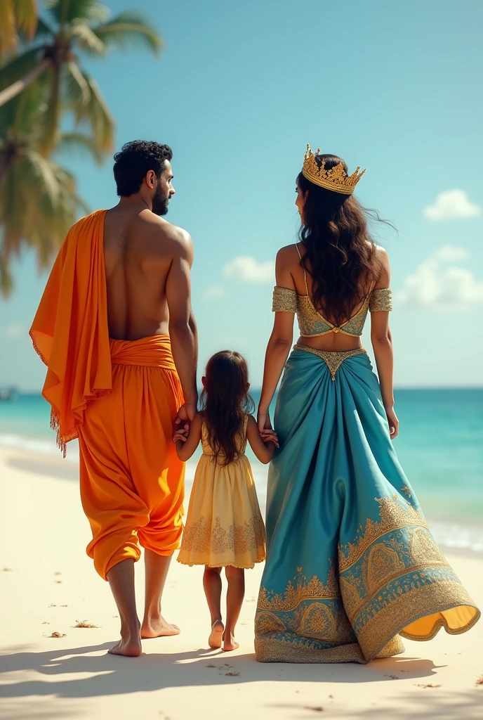 An Indian man wearing an orange dhoti and a blonde-skinned Portuguese princess wearing a blue and gold dress with a gold crown The girl and the Indian man are holding the hand of the Portuguese princess They are both walking looking at the camera In the background is a beach with white sand and blue water. The image is in a romantic style, with soft lighting and a dreamy atmosphere